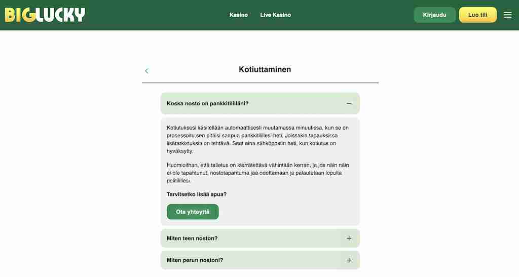 Big Lucky kotiutus ja maksut
